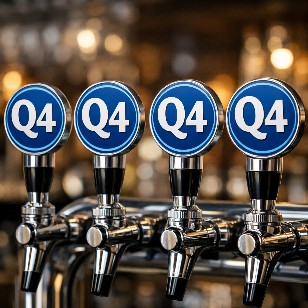 beer taps with Q4 on them with round badges in blue-1